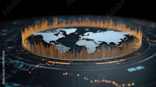 World Map with Graphical Data Visualization Showing Global Statistics and Information Metrics in Digital Style