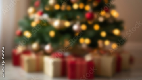 Festive Christmas Tree with Presents and Sparkling Lights in Soft Focus.