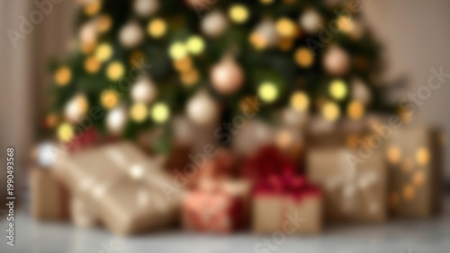 Festive Christmas Tree with Presents and Holiday Decorations.