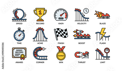 Speed and racing icons showing velocity and time on white background