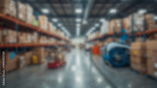 Warehouse Interior with Boxes on Shelves and Forklift in Operation.