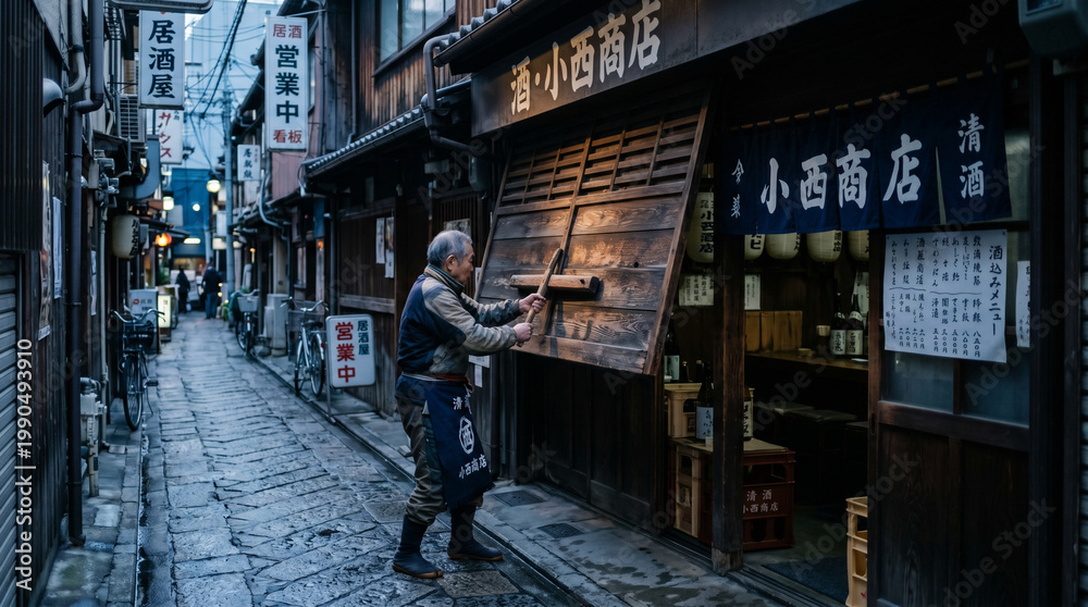Naklejka premium elderly man hammering wood outside traditional shop