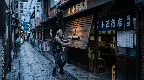 elderly man hammering wood outside traditional shop