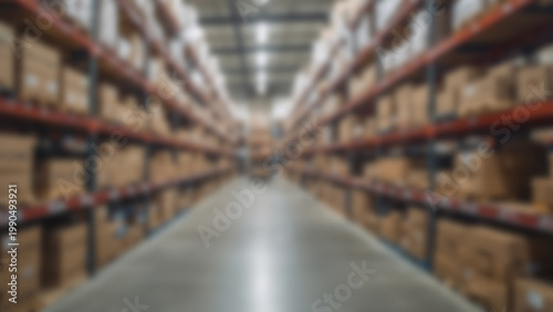 Warehouse Interior with Shelves Full of Cardboard Boxes and Goods.