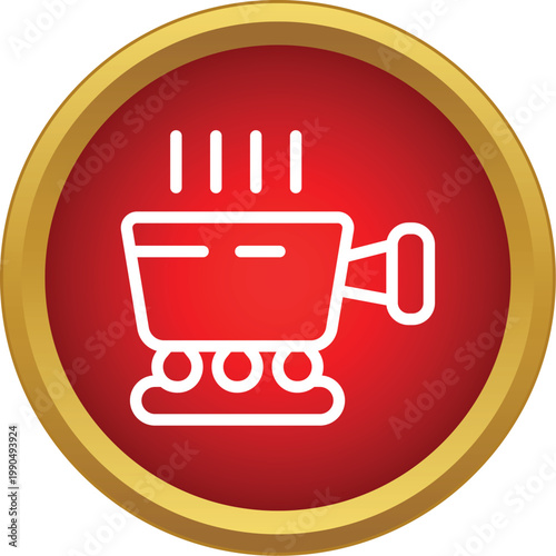 Fondue pot on a stand with molten cheese steaming inside a red circle icon