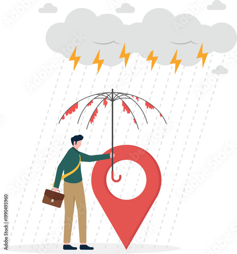 Navigation pin and location at risk with torn umbrella