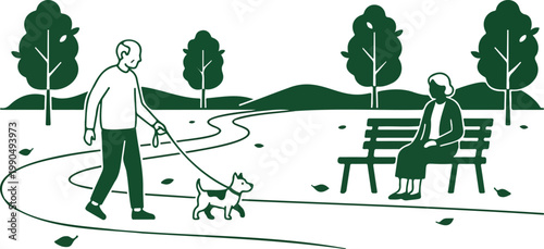 Scene of Elderly Couple in Autumn Park with Dog and Bench