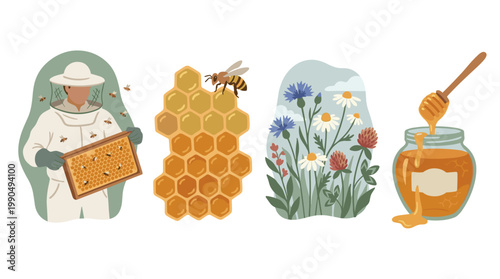 Beekeeper, honeycomb, wildflowers, and honey jar: organic flat vector illustration set on white