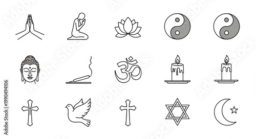 Collection of Religious and Spiritual Symbols Icons.