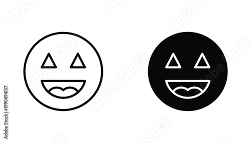 Smiling emoticon face icons with triangle eyes and wide mouth in black and white vector style for digital communication and interface feedback systems