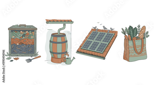 Sustainable living icons set: composting bin, rainwater collection barrel, solar panels, and reusable bag