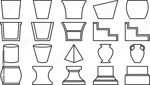 A collection of diverse ceramic vessels and planters, outlined and arrayed against an empty canvas. 