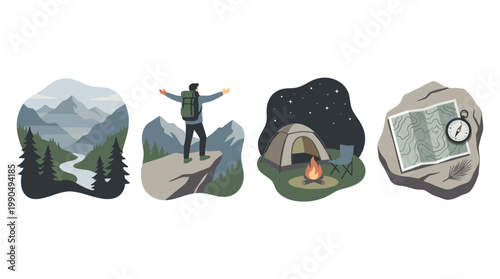 Mountain hiking and camping set: flat vector illustrations of wilderness landscapes, hiker, and gear