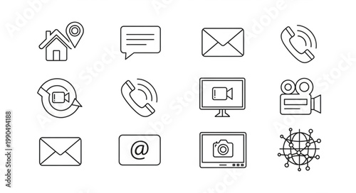 Set of communication and contact icons in outline style.