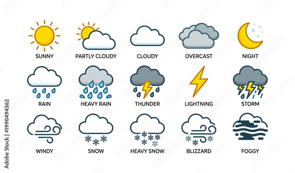 Obraz premium Weather condition icons arranged in grid on white background