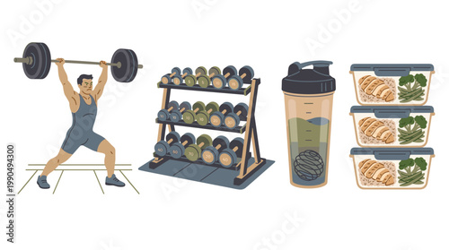 Fitness and weightlifting equipment flat vector set: weightlifter, dumbbells, shaker, and meal prep
