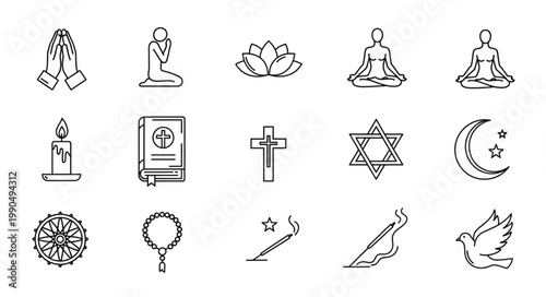 Collection of Religious and Spiritual Symbols Icons.