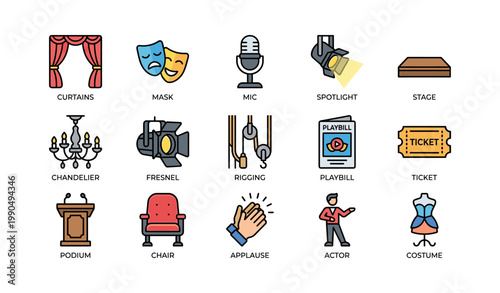Theater symbols arranged showing stage items on white background