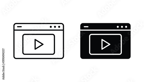 Video player interface window icon set with play button in outline and solid black vector style for media streaming applications and browser content playback isolated on white background