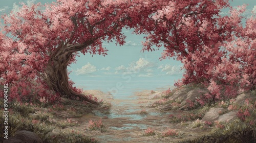 Serene Landscape with Pink Cherry Blossom Trees Framing a Calm Water Scene under a Soft Blue Sky