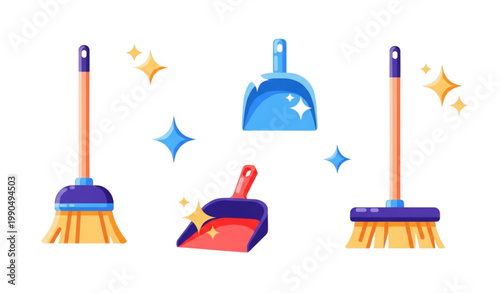 Colorful cleaning tools icons broom dustpan sparkle flat vector illustration collection