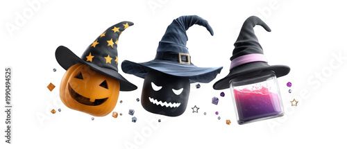 Three whimsical Halloween-themed characters a smiling pumpkin, a spooky witch, and a potion bottle, set against a playful, colorful background