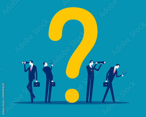 Business team with magnifying glasses and binoculars next to a question mark