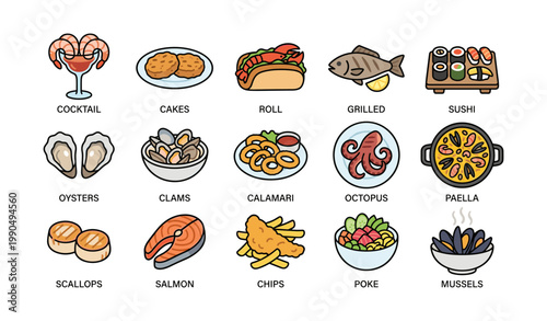 Assorted seafood and dishes icons labeled on white background