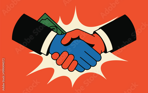 A vibrant illustration depicting a handshake with money changing hands symbolizing a deal