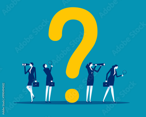 Business team with magnifying glasses and binoculars next to a question mark
