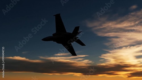 Military fighter jet silhouette flying in golden sunset sky