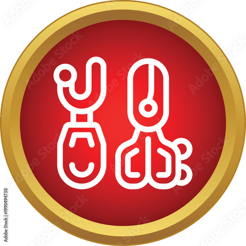 Dental tools icon featuring forceps and a probe in a red circular frame