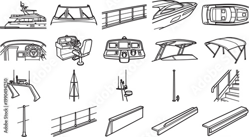 collection of yacht and boat details in monochrome.