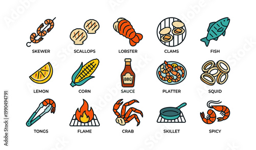 Seafood and grilling icons arranged in grid on white background