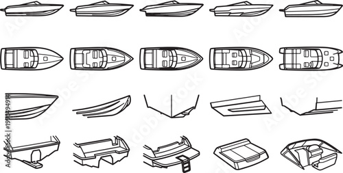 A detailed collection of various boat illustrations showcasing multiple perspectives, angles, and designs, perfect for marine-themed projects.