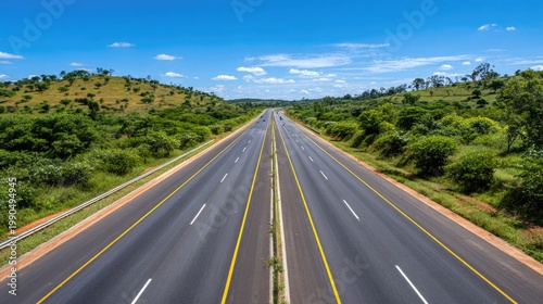 Scenic Empty Highway Surrounded by Lush Green Landscape Under Bright Blue Sky with Soft Clouds