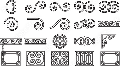 Intricate decorative ironwork elements for design and architectural projects, showing craftsmanship and detailed ornamental scrollwork.