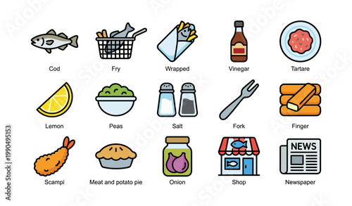 Fried fish meal and condiments icons on white background