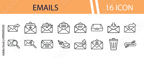 Email communication vector icon set, 16 outline mail icons for digital messaging. Modern email marketing symbols, web interface elements, and notification graphics.