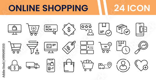 Online Shopping 24 Icon Set, comprehensive e-commerce vector collection, digital retail and delivery symbols, modern outline style for web and app design