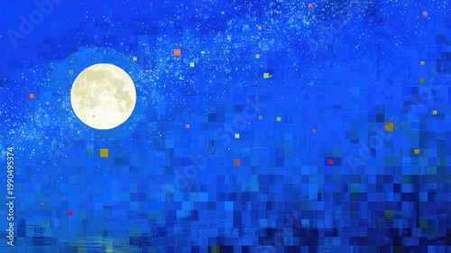 Vibrant Night Sky with Full Moon and Colorful Stars in Pixel Art Style Over a Deep Blue Background