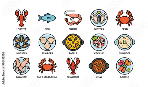 Seafood icons arranged in a labeled grid on white background