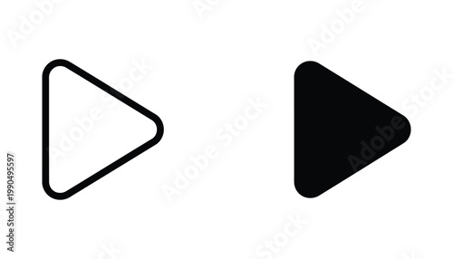 Play button symbol icon set featuring rounded triangle shapes in outline and solid black styles for media player interfaces and video content playback controls isolated on white background