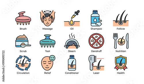 Hair care and scalp treatment icons in grid layout