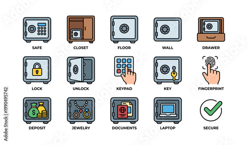 Safe and storage icons representing security and valuables on white