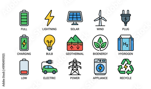 Renewable energy icons showing batteries, solar, and charging