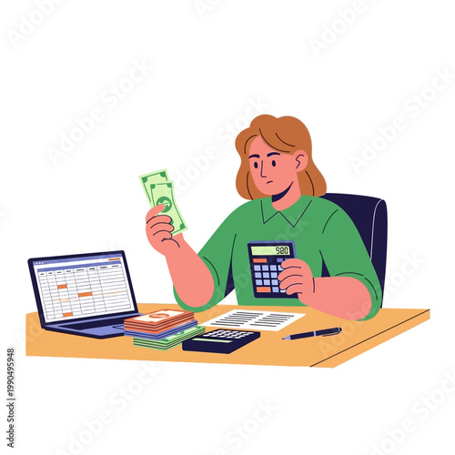 Business woman, calculating finances, money, accounting, office work, green shirt