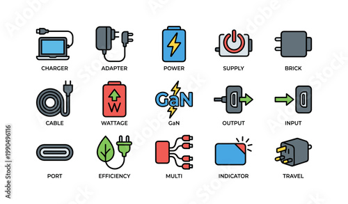 Power and charger icons showing adapters and ports on white background