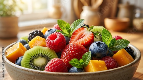 Mangkuk buah segar dengan berbagai jenis buah berwarna cerah dan daun mint sebagai hiasan di meja dapur yang cerah dan hangat