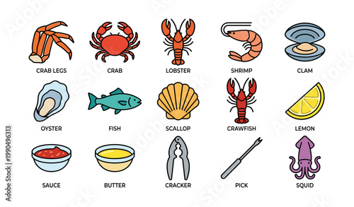 Seafood icons showing shellfish and condiments on white background